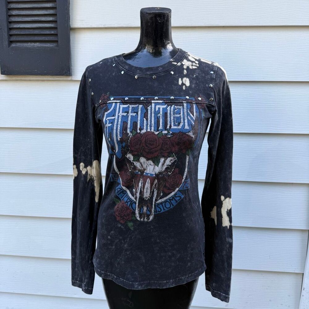 Affliction Black Bleached Studded Long Sleeve Graphic Tee Women’s Size Small